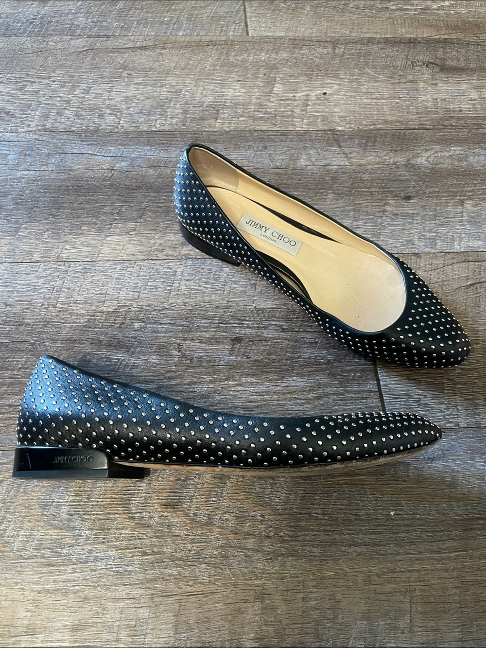Jimmy Choo Black Leather Studded Pointed Toe Ballet Flats
